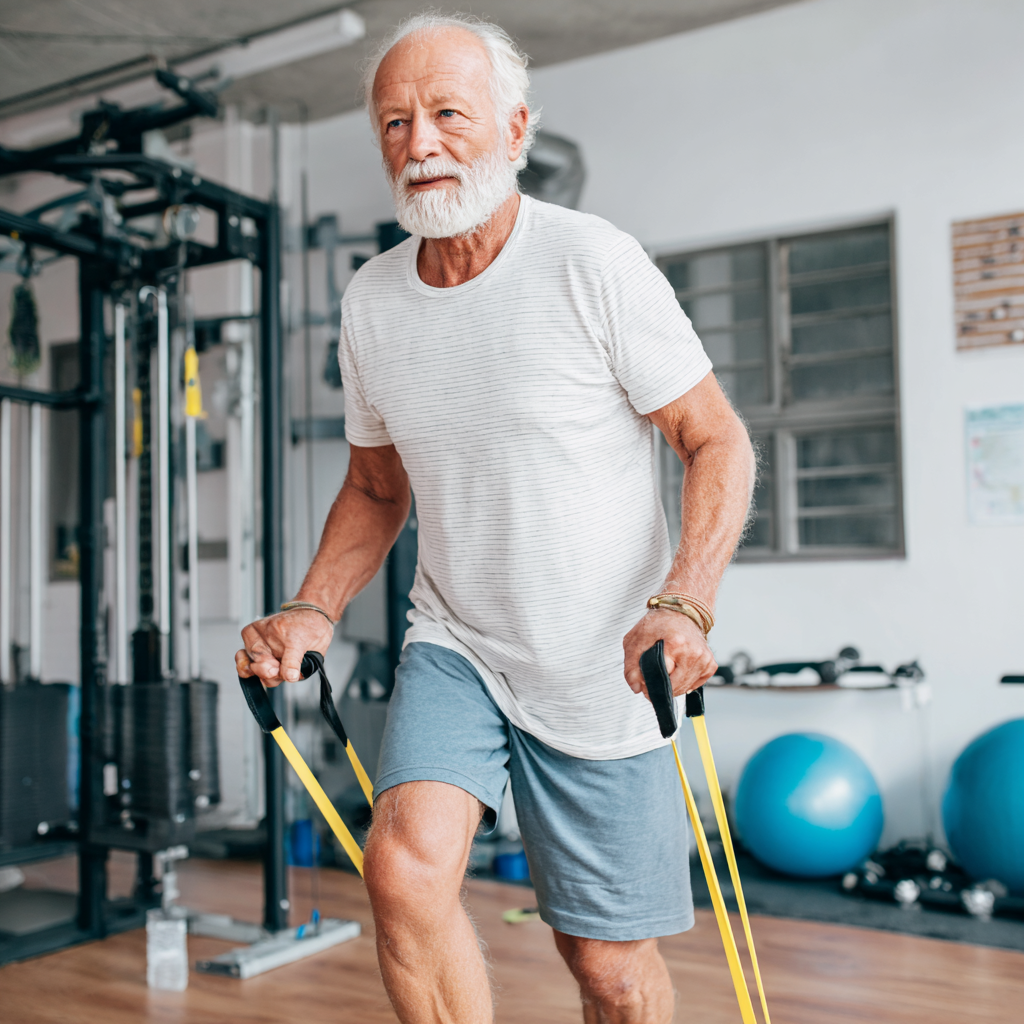 Confident elderly European person in fitness attire holding dumbbells in a modern gym setting