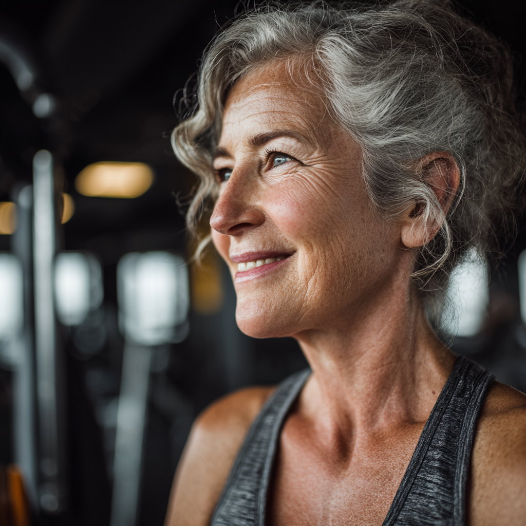 Elderly European man performing functional strength exercises with resistance bands in a well-lit fitness studio