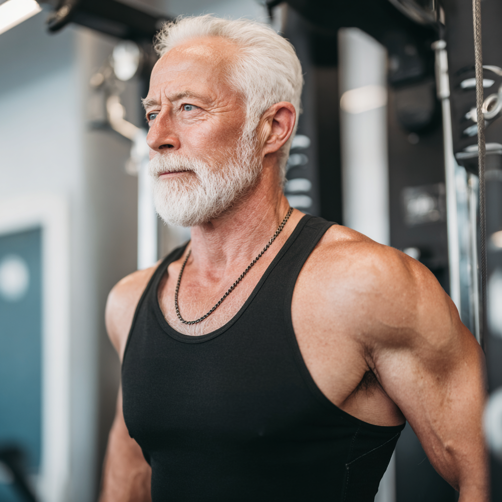 Elderly European woman practicing mindful movement and stretching exercises in a peaceful outdoor setting